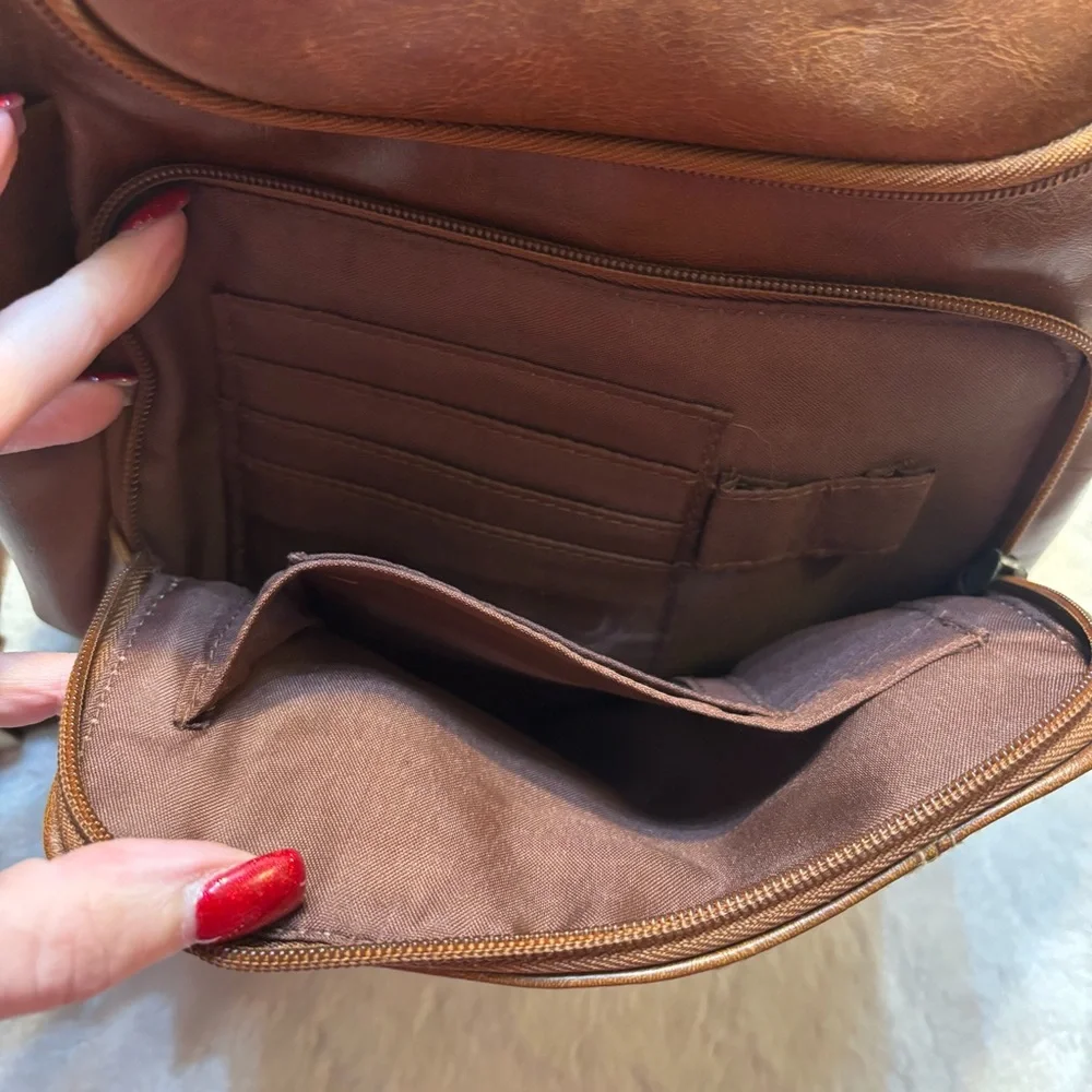 Connections Mini Backpack Tan Cognac Faux Leather Brass-tone Hardware Brown Intr